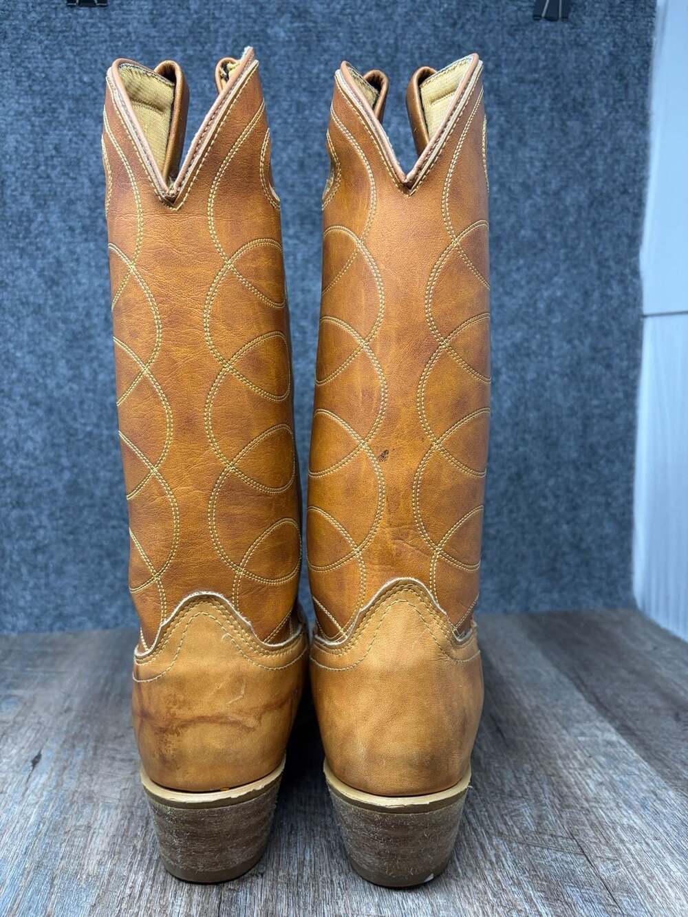 Vintage Acme Cowboy Western Mens 10 D Boots Tan Brown marbled leather USA MADE - Picture 7 of 16